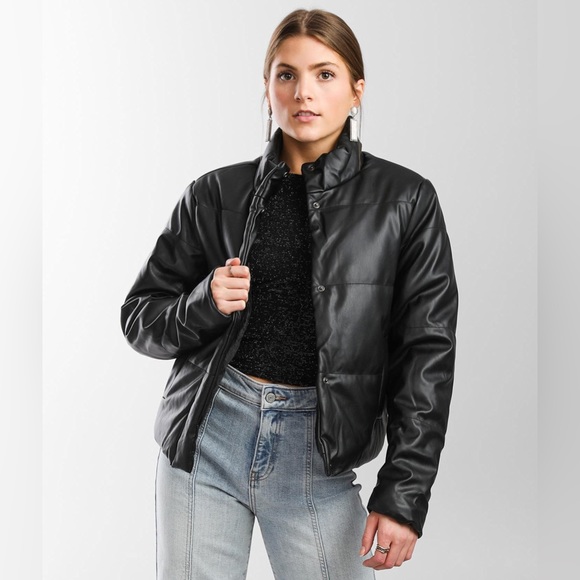 Faux Leather Puffer Jacket - Picture 1 of 11